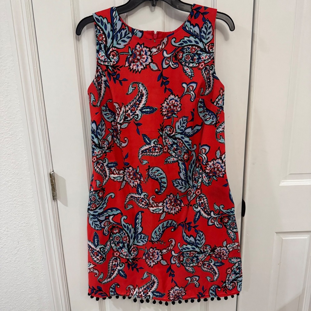 AGB Sleeveless‎ Floral Dress – Size 8 – Bright Red Paisley w/ Pom Trim